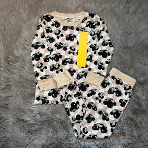 Small Shop Bamboo Pajama Set Tan Checkered Monster Trucks Toddler Boy 4T NEW